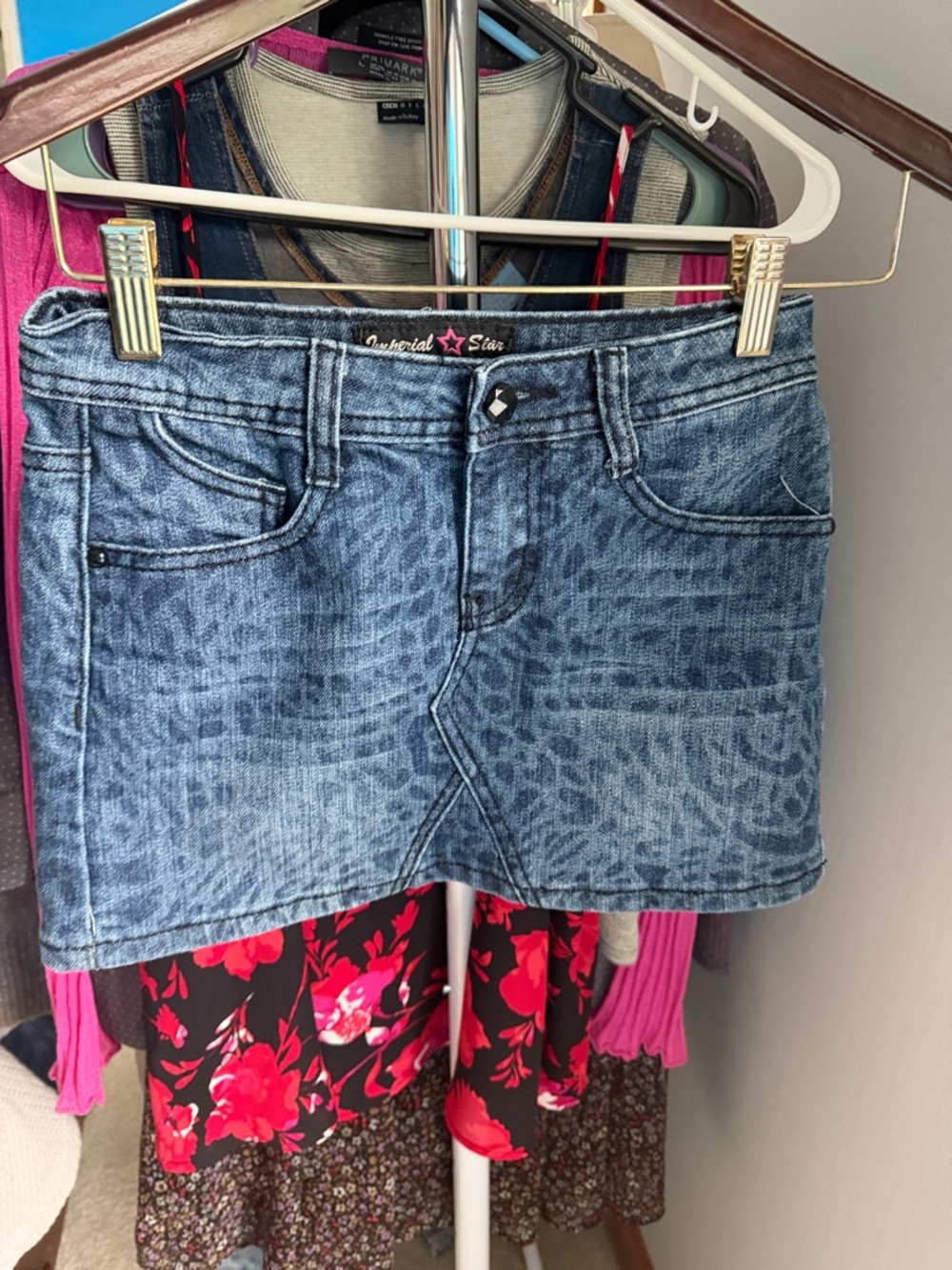 Imperial Star Blue Denim Mini Skirt with Subtle Leopard Wash